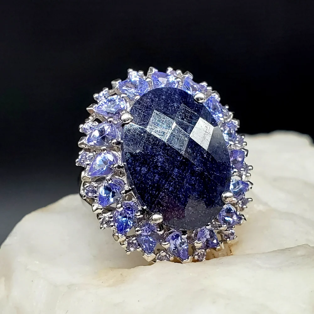 Sterling Silver 925 Designe Ring Raw Blue Sapphire Natural Tanzanite Gemstone